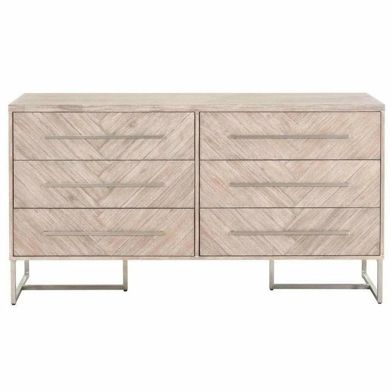 On Stand Mosaic 6-Drawer Double Dresser Acacia Brushed Steel Dressers LOOMLAN By Essentials For Living