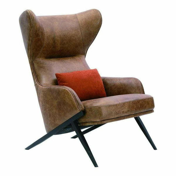 Open Road Brown Leather Curved Wingback Lounge Chair Accent Chairs LOOMLAN By Moe's Home