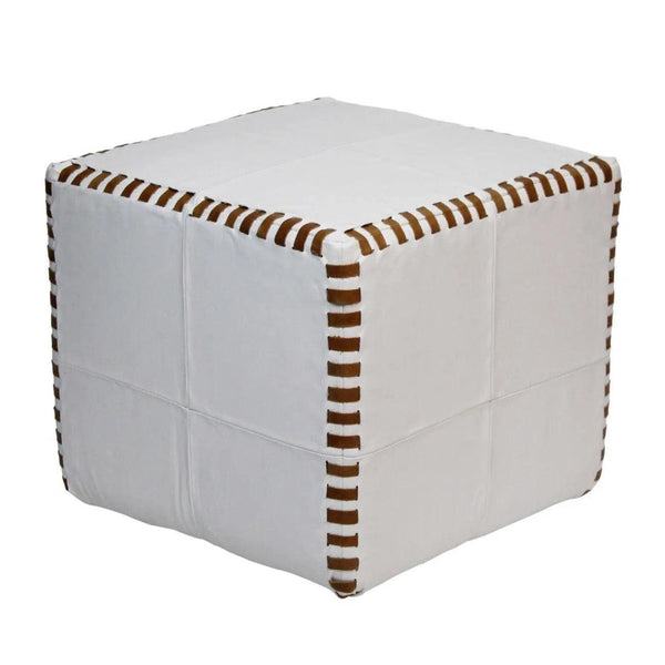 Ottoman Pouf Cube Stitched, White Leather Poufs and Stools LOOMLAN By Peninsula Home