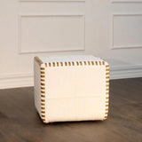 Ottoman Pouf Cube Stitched, White Leather Poufs and Stools LOOMLAN By Peninsula Home