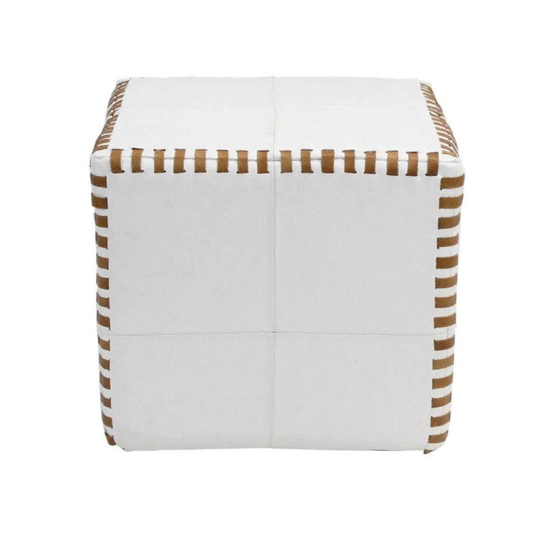 Ottoman Pouf Cube Stitched, White Leather Poufs and Stools LOOMLAN By Peninsula Home