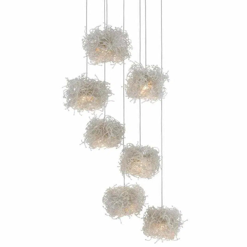 Painted Silver Clear Birds Nest 7-Light Multi-Drop Pendant Pendants LOOMLAN By Currey & Co