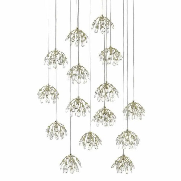 Painted Silver Leaf Crystal Bud Round 15-Light Multi-Drop Pendant Pendants LOOMLAN By Currey & Co