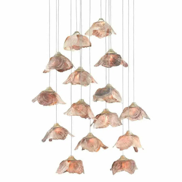 Painted Silver Leaf Natural Shell Catrice Round 15-Light Multi-Drop Pendant Pendants LOOMLAN By Currey & Co