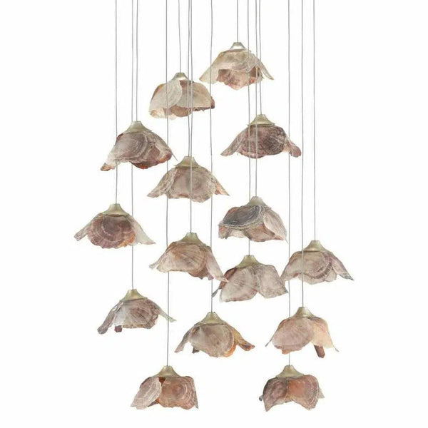 Painted Silver Leaf Natural Shell Catrice Round 15-Light Multi-Drop Pendant Pendants LOOMLAN By Currey & Co