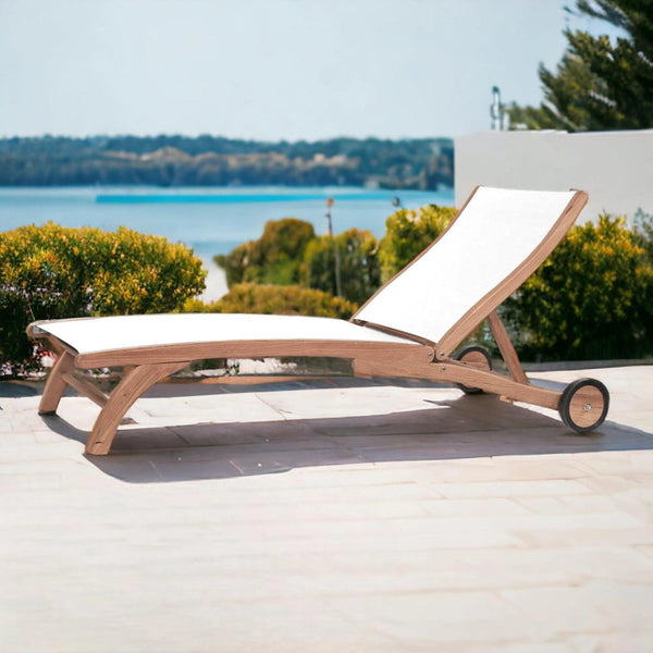 Pearl Teak Outdoor Reclining Chaise Lounger with Wheels Outdoor Cabanas & Loungers LOOMLAN By HiTeak