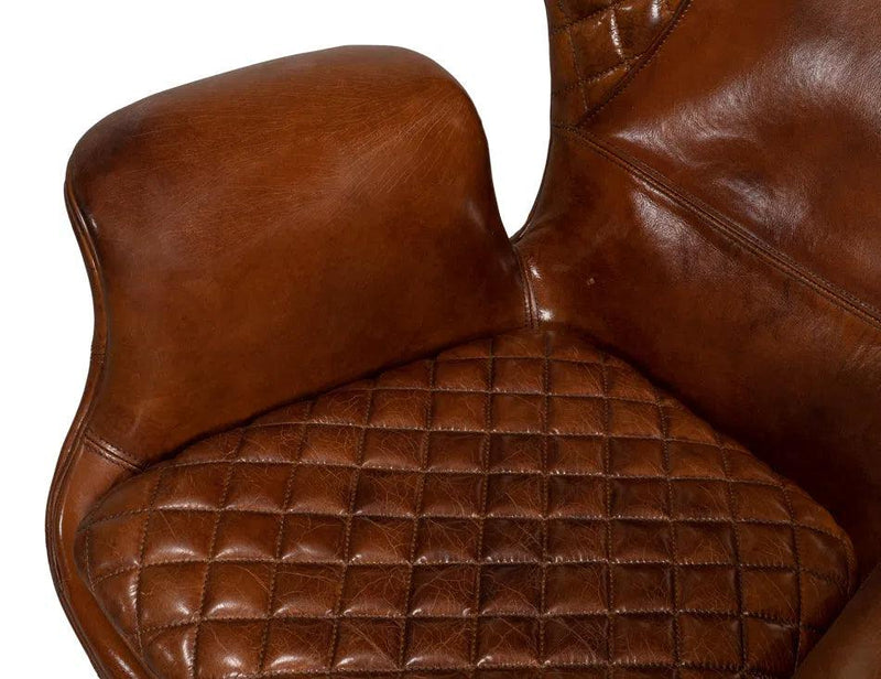 Quilted Vintage Havana Leather Wing Accent Chair Accent Chairs LOOMLAN By Sarreid