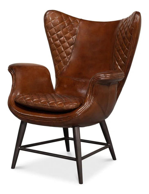 Quilted Vintage Havana Leather Wing Accent Chair Accent Chairs LOOMLAN By Sarreid