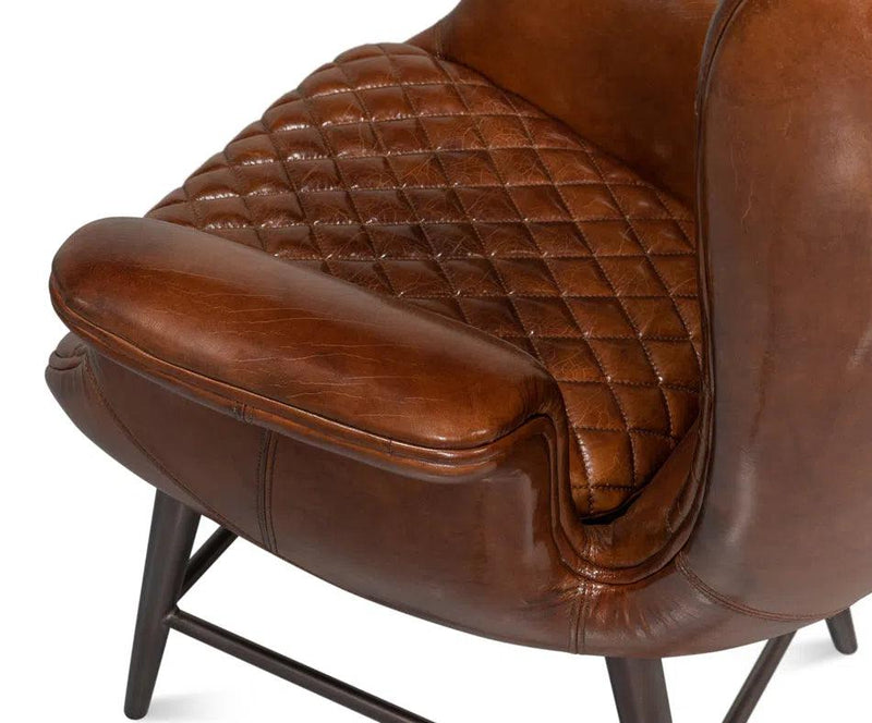 Quilted Vintage Havana Leather Wing Accent Chair Accent Chairs LOOMLAN By Sarreid