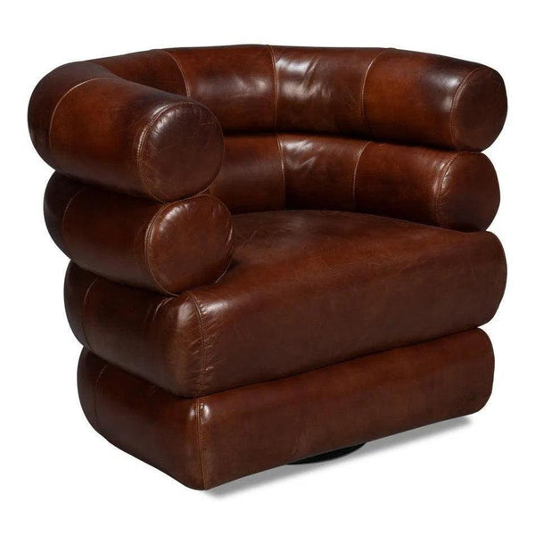 Rondo Leather Brown Armless Swivel Chair Club Chairs LOOMLAN By Sarreid