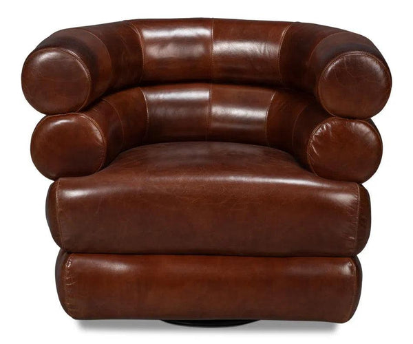 Rondo Leather Brown Armless Swivel Chair Club Chairs LOOMLAN By Sarreid