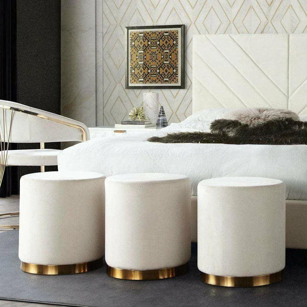 Round Accent Ottoman Cream Velvet Gold Metal Band Accent Ottomans LOOMLAN By Diamond Sofa