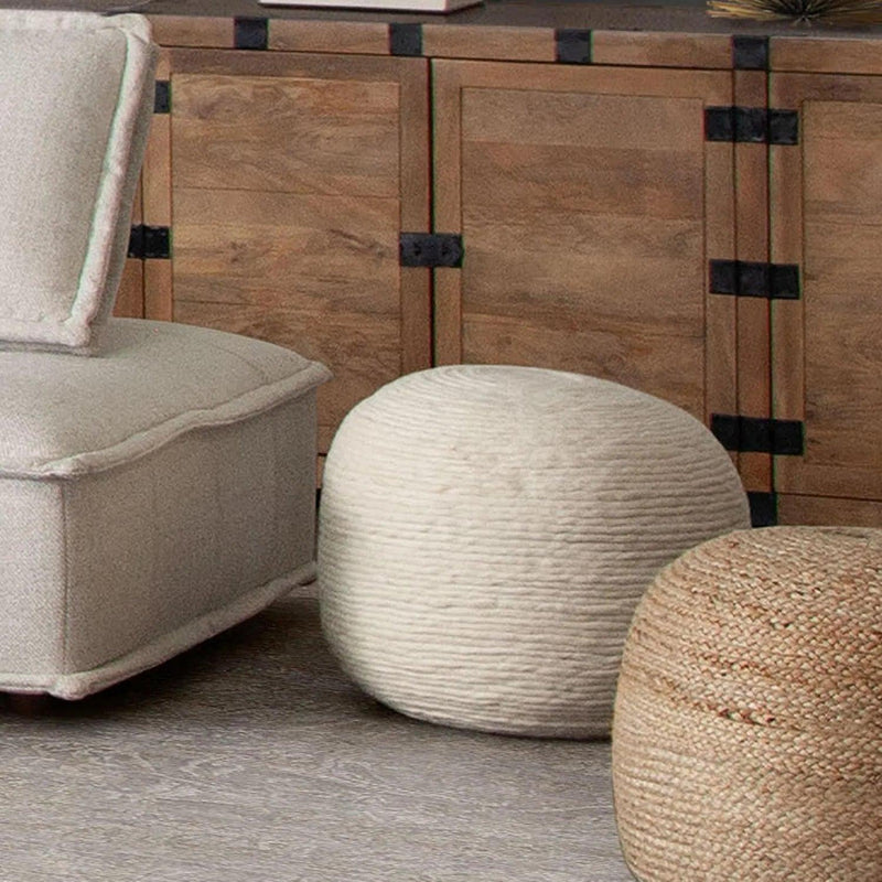 Round Pouf in White Dyed Natural Wool Poufs and Stools LOOMLAN By Diamond Sofa