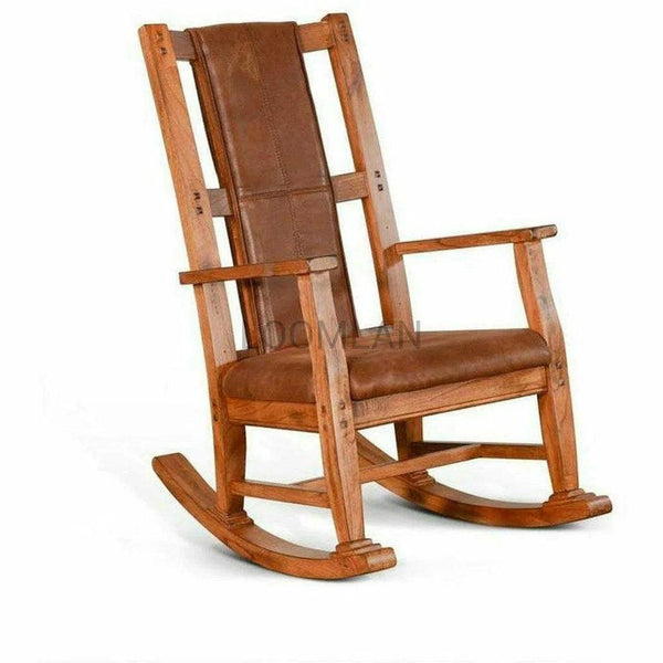 Rustic Oak Tan Vegan Leather Upholstered Solid Wood Rocker Chair Accent Chairs LOOMLAN By Sunny D