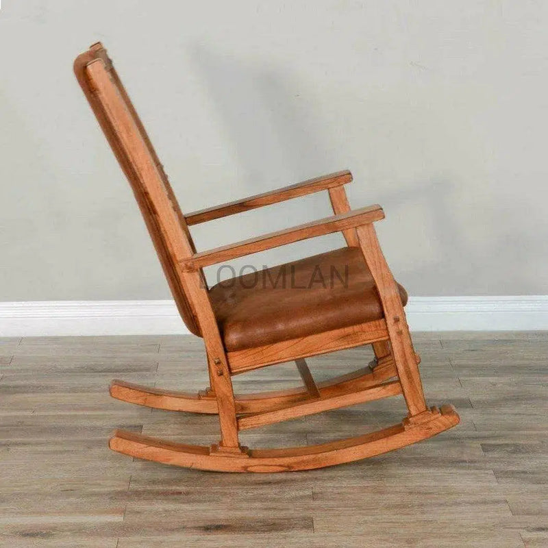 Rustic Oak Tan Vegan Leather Upholstered Solid Wood Rocker Chair Accent Chairs LOOMLAN By Sunny D