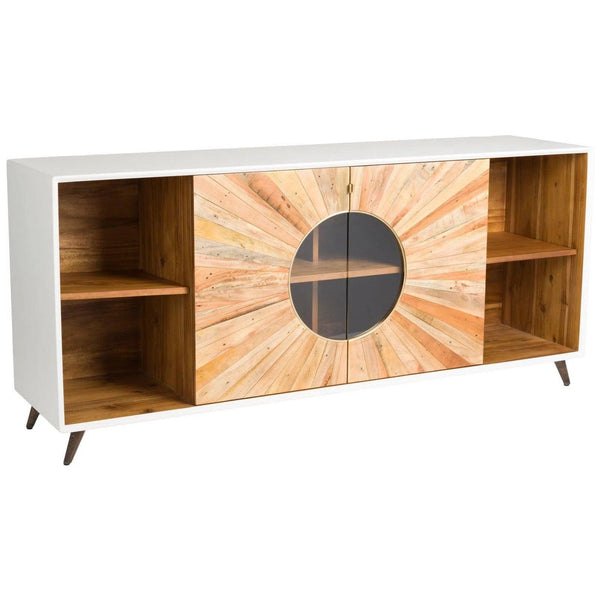 Rustic White and Brown Oak Wood Sideboard Glass Doors and Shelves Sideboards LOOMLAN By LH Imports