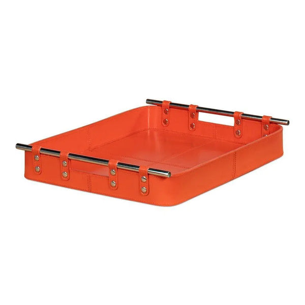 Safari Leather and Steel Orange Tray Trays LOOMLAN By Sarreid