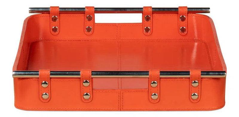 Safari Leather and Steel Orange Tray Trays LOOMLAN By Sarreid