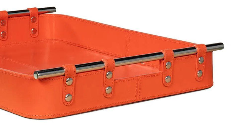 Safari Leather and Steel Orange Tray Trays LOOMLAN By Sarreid