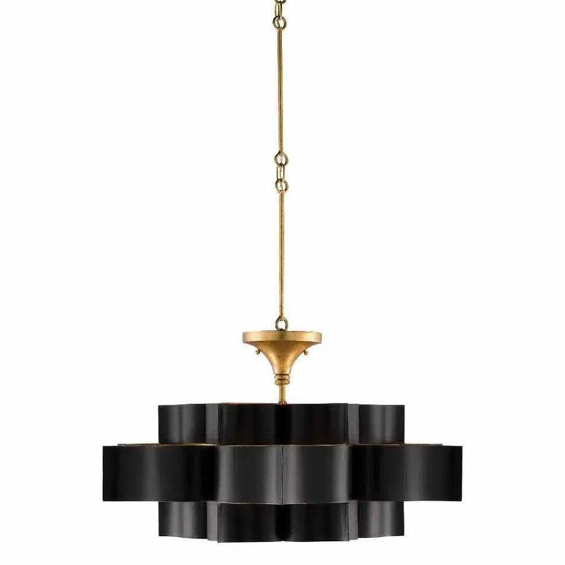 Satin Black Gold Leaf Grand Lotus Black Large Chandelier Chandeliers LOOMLAN By Currey & Co