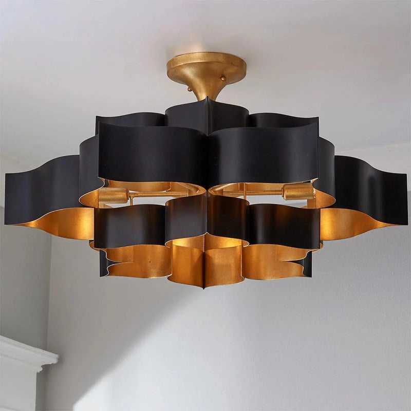 Satin Black Gold Leaf Grand Lotus Black Large Chandelier Chandeliers LOOMLAN By Currey & Co