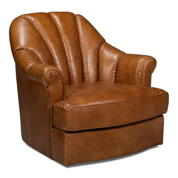 Scoth Wood and Leather Brown Swivel Arm Chair Club Chairs LOOMLAN By Sarreid