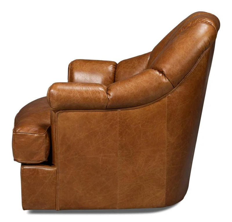 Scoth Wood and Leather Brown Swivel Arm Chair Club Chairs LOOMLAN By Sarreid