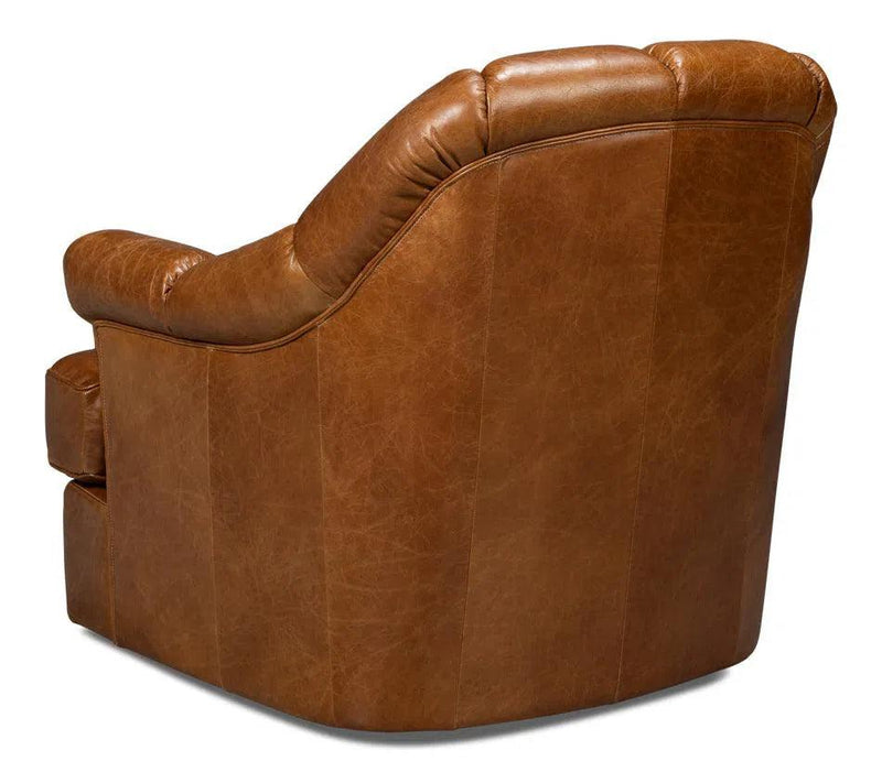 Scoth Wood and Leather Brown Swivel Arm Chair Club Chairs LOOMLAN By Sarreid