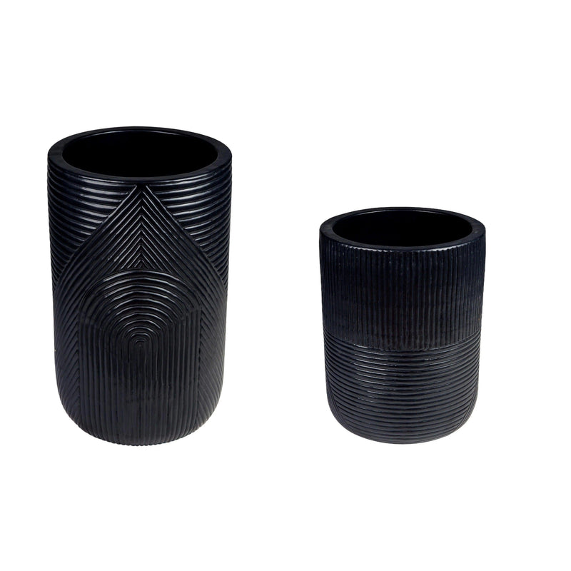 Serenity Textured Planter Set (1 Large and 1 Small) - Black Outdoor Accessories Outdoor Planters LOOMLAN By Seasonal Living