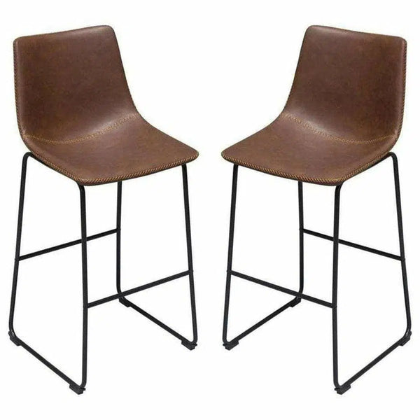 Set of 2 Bar Height Chairs in Chocolate Leather Black Base Bar Stools LOOMLAN By Diamond Sofa