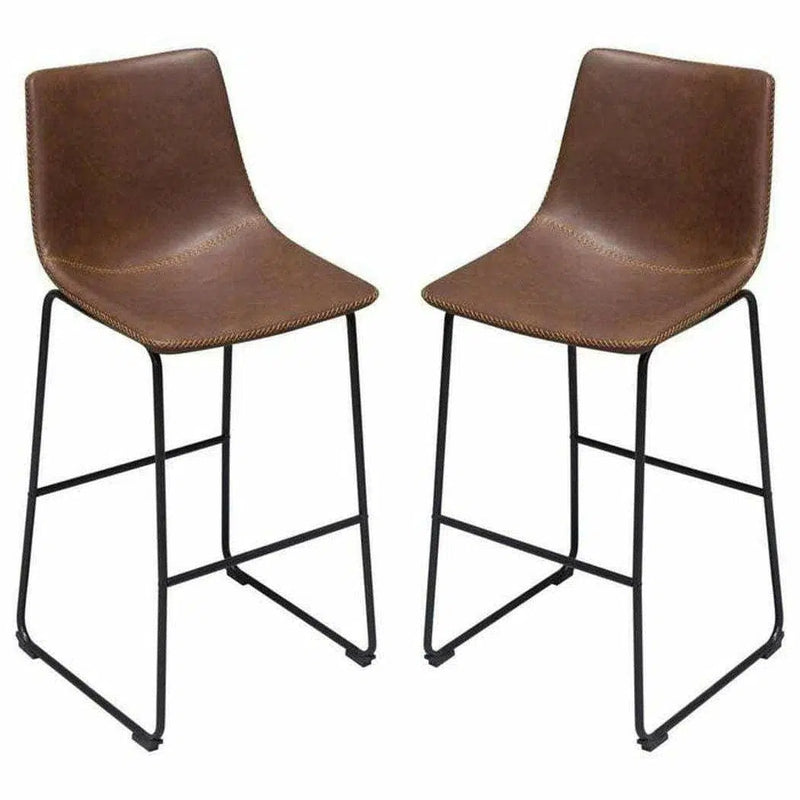 Set of 2 Bar Height Chairs in Chocolate Leather Black Base Bar Stools LOOMLAN By Diamond Sofa