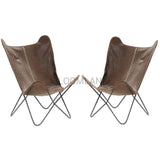 Set of 2 Brown Leather Paxton Butterfly Accent Chairs Accent Chairs LOOMLAN By LOOMLAN