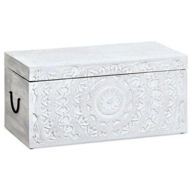 Set of 2 Rectangular Carved Distressed White Storage Trunks Trunks LOOMLAN By LOOMLAN