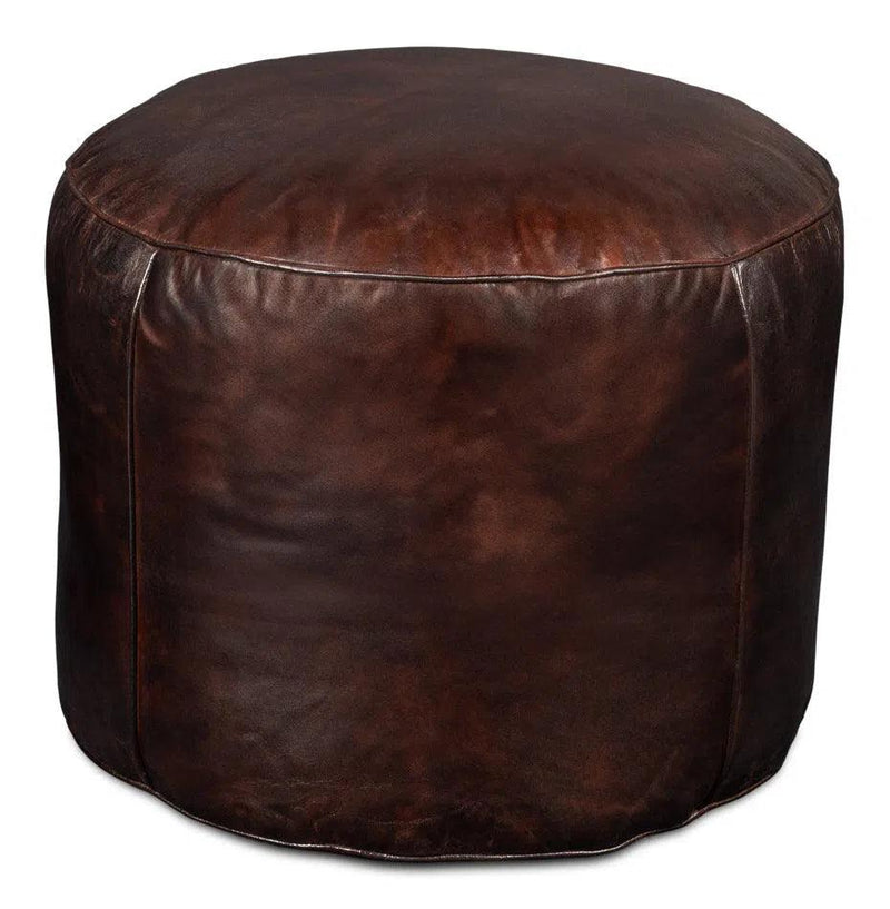 Soccerball Leather Dark Brown Stool Poufs and Stools LOOMLAN By Sarreid