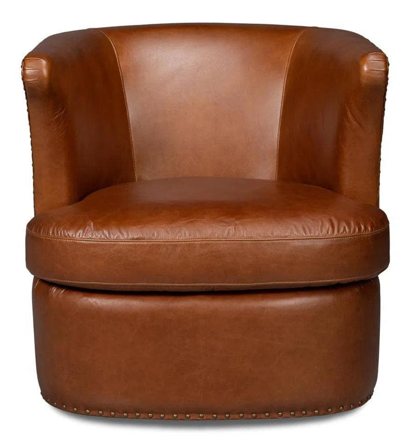 Spencer Distilled Leather Brown Swivel Armless Chair Club Chairs LOOMLAN By Sarreid