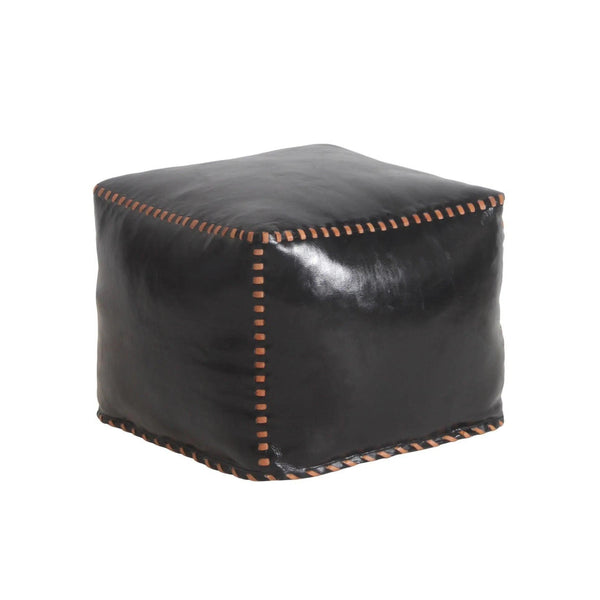 Square Leather Ottoman Pouf Stitched Black Ottomans LOOMLAN By Peninsula Home