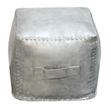 Square Silver Grey Leather Stool Ottoman Celeste Poufs and Stools LOOMLAN By Peninsula Home