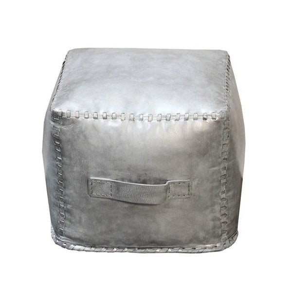 Square Silver Grey Leather Stool Ottoman Celeste Poufs and Stools LOOMLAN By Peninsula Home