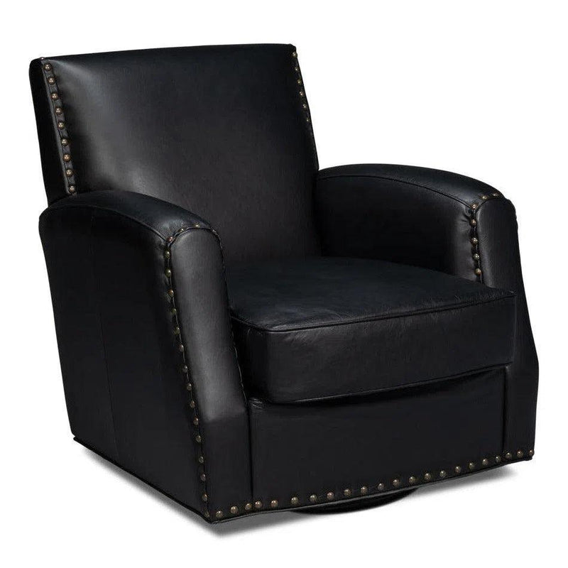 Taft Wood and Leather Black Swivel Arm Chair Club Chairs LOOMLAN By Sarreid