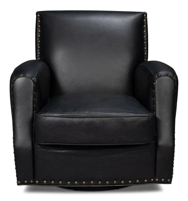 Taft Wood and Leather Black Swivel Arm Chair Club Chairs LOOMLAN By Sarreid