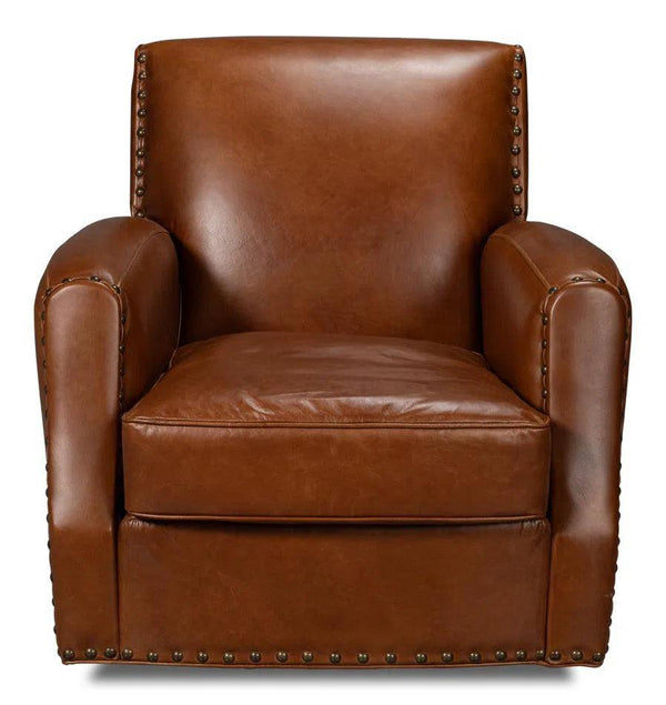 Taft Wood and Leather Brown Swivel Arm Chair Club Chairs LOOMLAN By Sarreid