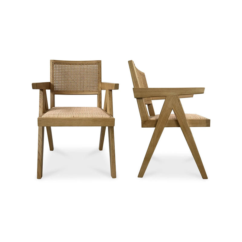 Takashi Natural Solid Elm Wood and Rattan Dining Arm Chair - Set Of Two Dining Chairs LOOMLAN By Moe's Home