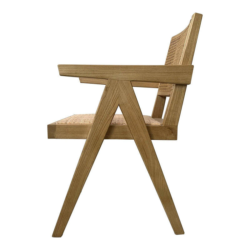 Takashi Natural Solid Elm Wood and Rattan Dining Arm Chair - Set Of Two Dining Chairs LOOMLAN By Moe's Home