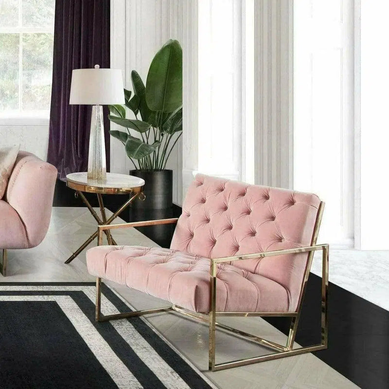 Tufted Luxe Pink Velvet Accent Chair Gold Stainless Steel Frame Club Chairs LOOMLAN By Diamond Sofa