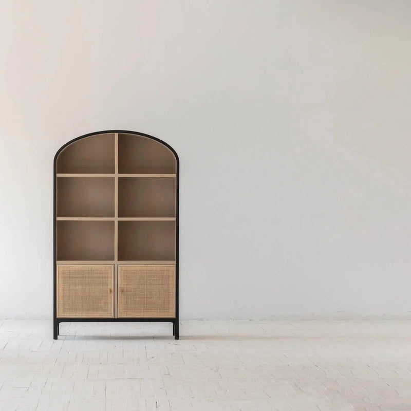 Two Tone Cane Bookcase Wood Shelves With Wood Frame Tall and Wide Bookcases LOOMLAN By LH Imports