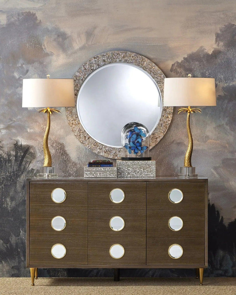 Uma Mother of Pearl and Wood Round Mirror Wall Mirrors LOOMLAN By Currey & Co