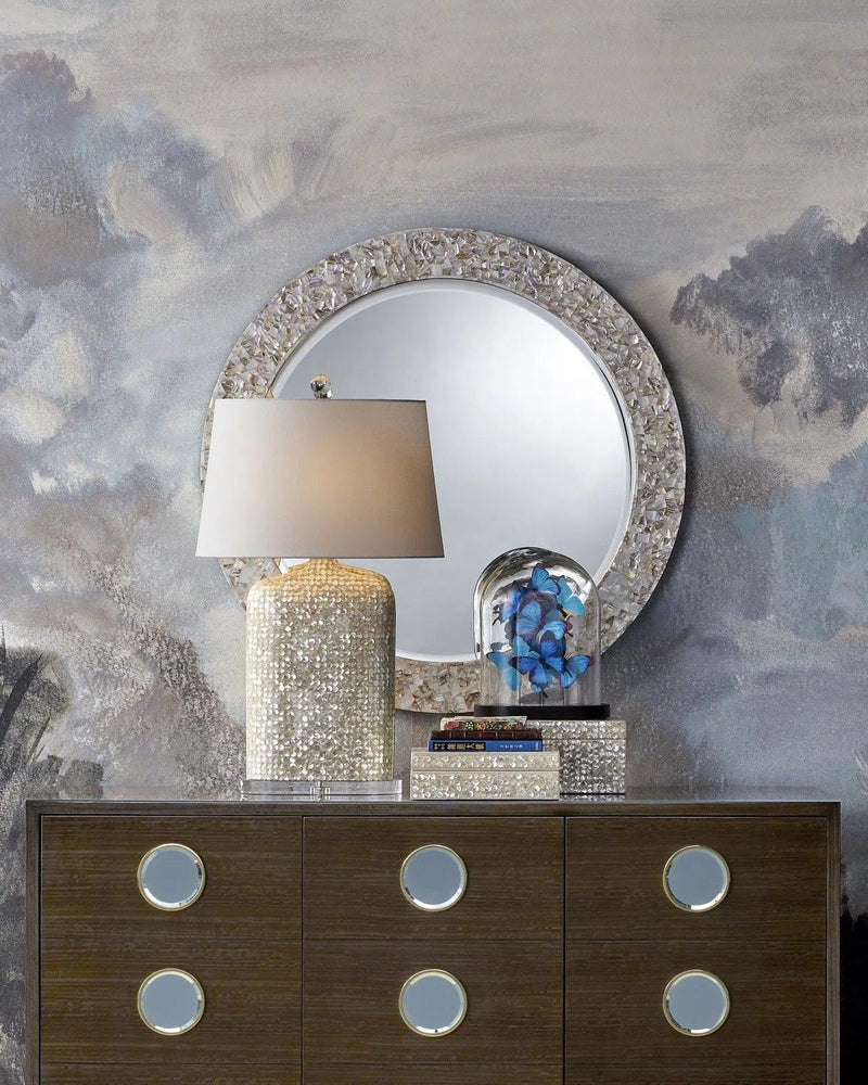 Uma Mother of Pearl and Wood Round Mirror Wall Mirrors LOOMLAN By Currey & Co