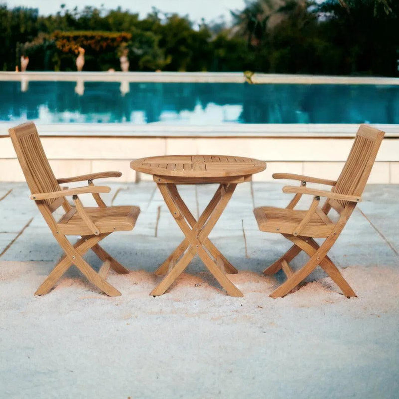 Valencia 3-piece Round Teak Outdoor Bistro Set with Folding Table and Armchairs Outdoor Bistro Sets LOOMLAN By HiTeak