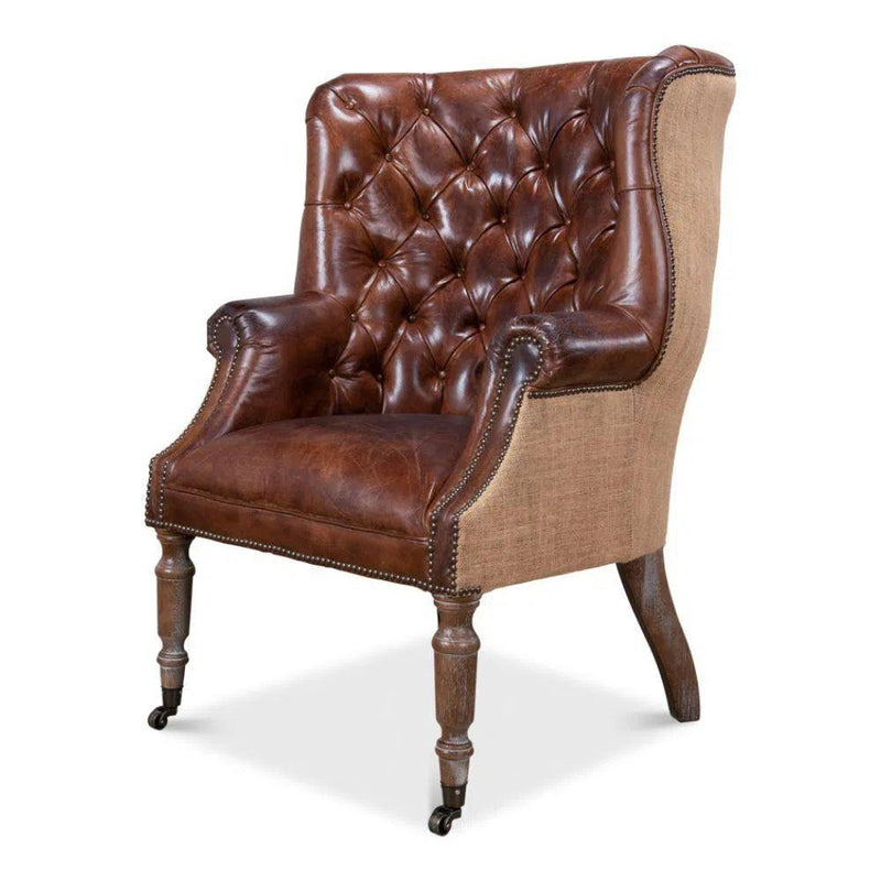 Welsh Leather & Jute Wing Tufted Back Accent Chair Accent Chairs LOOMLAN By Sarreid