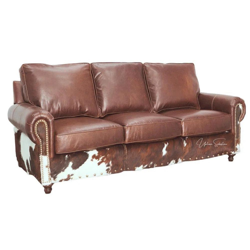 Western Style Leather & Hair On Hide Sofa Brown Caramel Marshal Sofas & Loveseats LOOMLAN By Uptown Sebastian